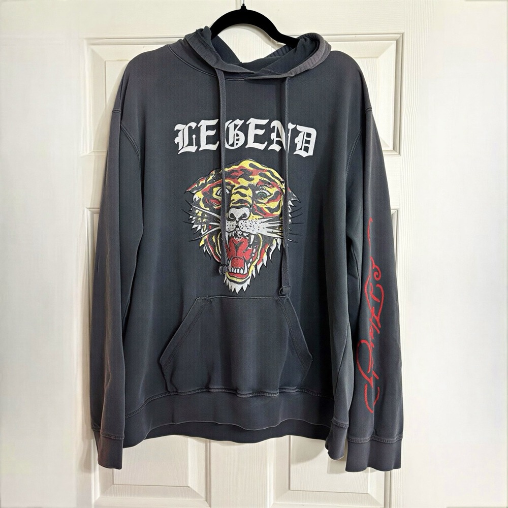 Ed Hardy Hoodie Men XL Charcoal Grey  Y2K Legend Tiger Tattoo Graphic